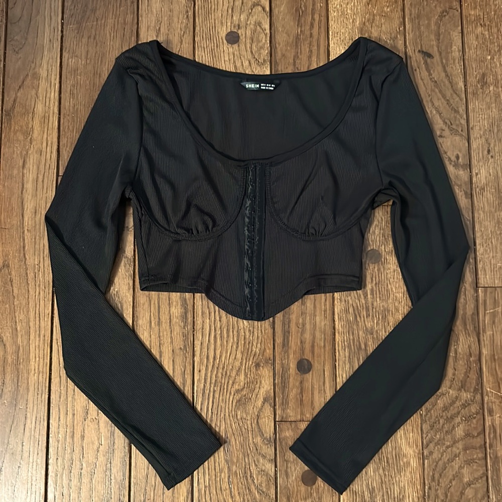 SHEIN Black Ribbed Corset Long Sleeve Crop Top Sz Medium